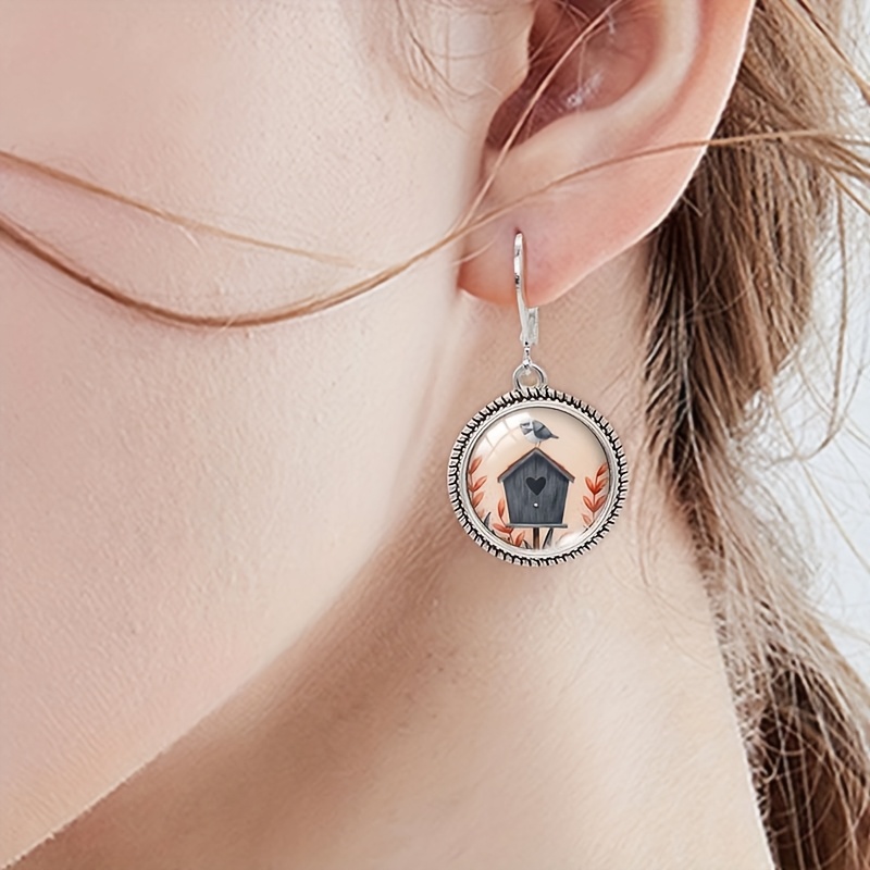 Vintage Round Glass Birdhouse Earrings, Charming Gift